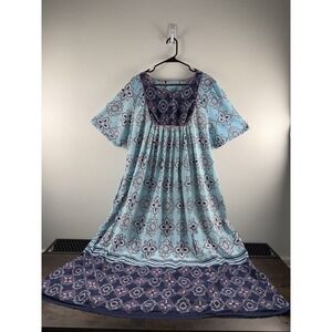 Only Necessities 1X Boho Maxi Dress Aqua Blue Border Print Plus Size Nighty